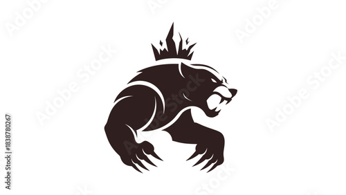 Stylized bear wearing a crown, roaring with its mouth open.