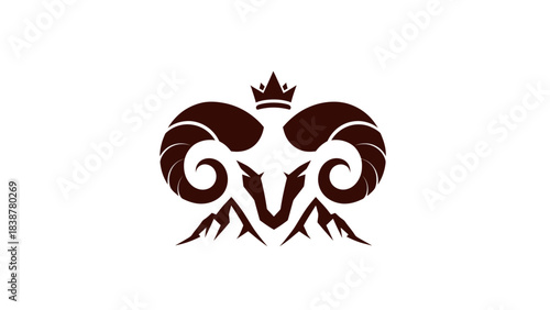 Majestic Ram Head Logo with Crown and Mountain Peaks