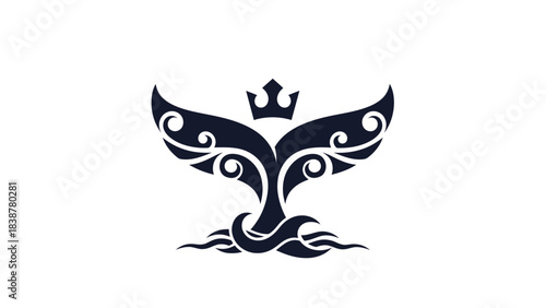Majestic whale tail emblem with crown and ocean waves.