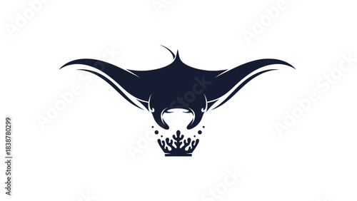 A stylized illustration of a manta ray gracefully hovering over coral.