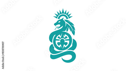 Mythical serpent symbol with sun and feather elements