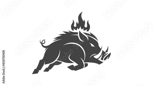 Stylized wild boar running with flames on its head.