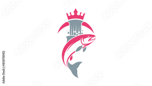 Jumping salmon fish with crown and waterfall logo illustration.