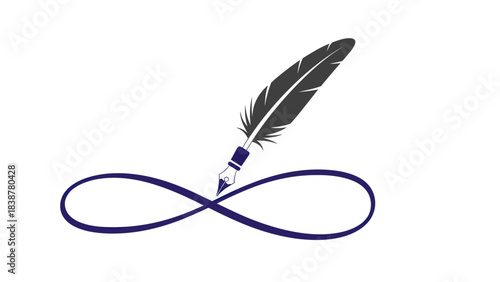 Feather quill pen drawing an infinity symbol with blue ink.