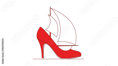 Red high heel shoe with sails, symbolizing travel and fashion.