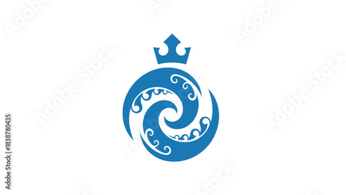 Blue wave crown logo with swirling patterns and royal crown emblem.