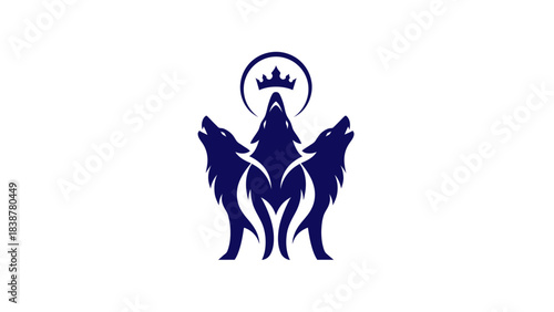Three wolves howling at a crown above a circle, dark blue logo