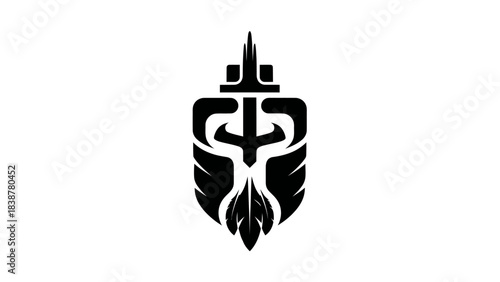 Abstract warrior emblem with tribal shield and feather design