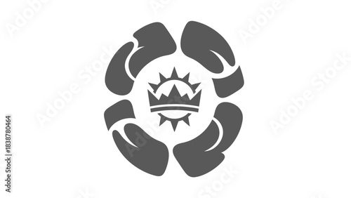 Stylized crown surrounded by petals forming a rose emblem