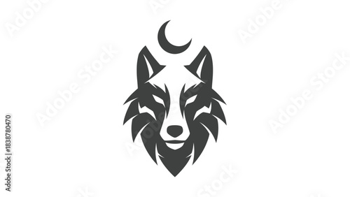 Mystical wolf head logo with a crescent moon symbol