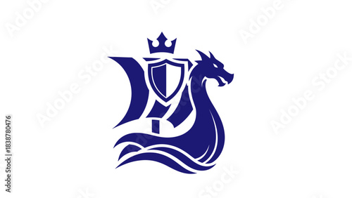 Viking ship with dragon head and royal crest logo.