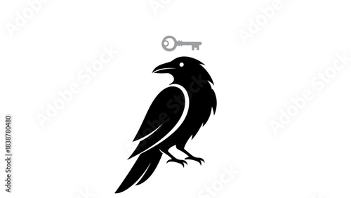 Black raven with key above its head, a symbol of wisdom and solution
