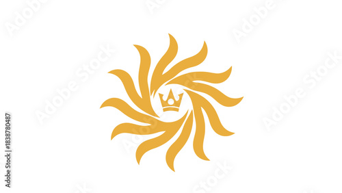Golden sunburst logo with crown on white background
