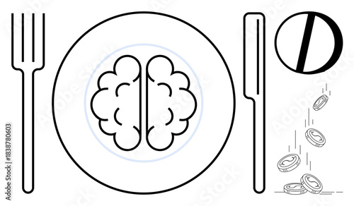 Intellectual consumption, education, knowledge economy, idea monetization, critical thinking, food for thought. Brain on a plate with cutlery, coins falling. Intellectual consumption and education