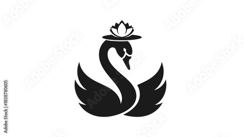 Elegant Black Swan with Lotus Flower Crown Logo Illustration