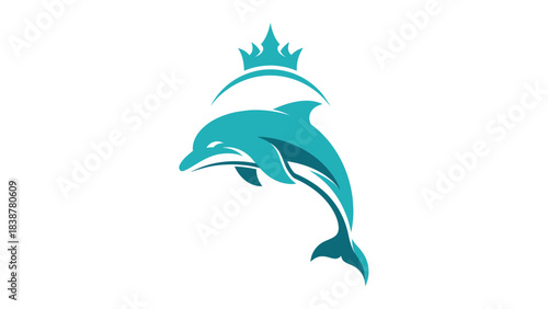 A stylized turquoise dolphin with a crown, leaping gracefully.