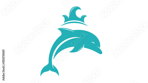 Stylized dolphin jumping with waves vector illustration.