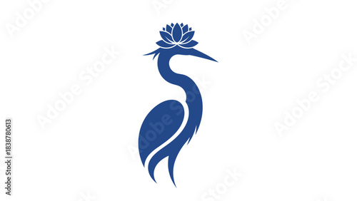Blue heron with a lotus flower on its head, minimalist logo