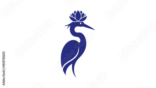 Stylized Heron with Lotus Flower Crown Logo Design