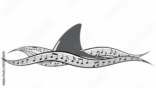 Shark fin emerges from musical notes wave.