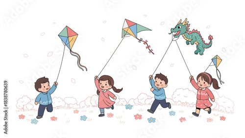 Children happily fly kites in a park during spring.