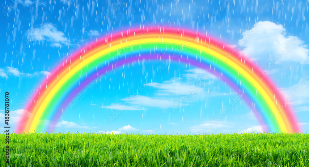 Fototapeta premium Vibrant Rainbow Arches Over Lush Green Field with Gentle Rain and Blue Sky.