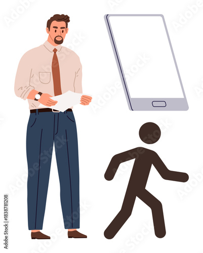 Businessman reading paper, stylized smartphone, and walking stick figure. Ideal for business, technology, communication, mobility, productivity workflow user interface. A simple flat metaphor