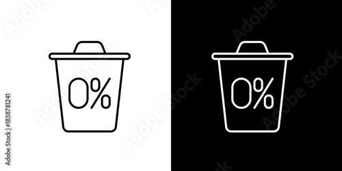 Vector icon illustration of an empty digital trash can icon with a 0% indicator, representing successful data cleanup, file removal, and system optimization for a clean digital workspace
