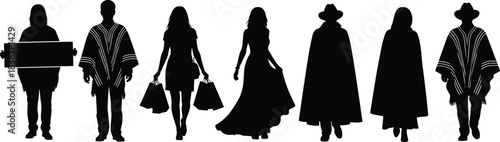 Diverse People Silhouettes Vector Set Featuring Men in Ponchos Woman in Hijab and Shopper Isolated on White