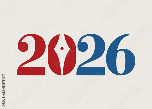 Elegant red and blue 2026 year design featuring a stylized fountain pen nib for creative writing themes