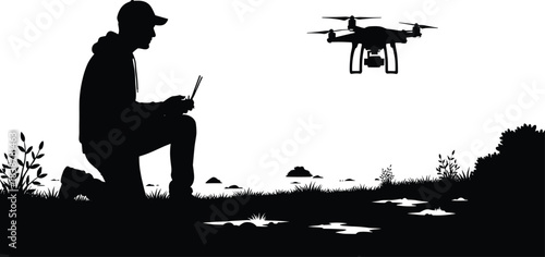 Drone pilot operating quadcopter in outdoor nature scene, black and white silhouette vector of modern remote flying technology