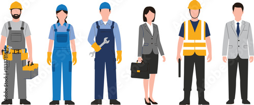 Diverse Professional Occupations Vector Illustration: Group of Workers in Uniforms and Suits Representing Various Industry Careers and Employment Roles