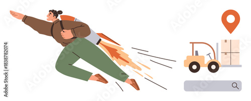 Individual wearing a jetpack flying forward, forklift transporting boxes, and map pin highlighting logistics. Ideal for delivery, shipping, logistics, e-commerce, futuristic technology