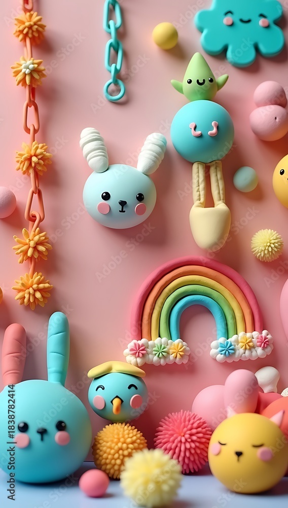 Naklejka premium Colorful claymation-style arrangement of quirky handmade objects, soft textures, playful modeling-clay look, friendly and childlike aesthetic suitable for educational or creative-brand use.