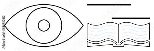 Eye focusing on an open book with text bars above, symbolizing reading, vision, learning, knowledge, concentration, and simplification. Ideal for education, focus study creativity insight