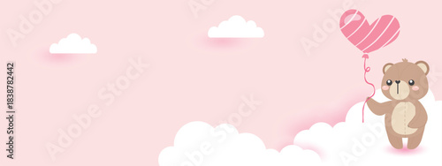 Cute bear hold heart balloon with cloud pink pastel background. Adorable hand draw character for Valentine's day, invitation card, Valentine card and web banner. vector illustration flat design.