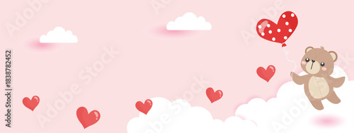 Cute bear hold heart balloon with heart cloud on pink background. Adorable hand draw character for Valentine's day, invitation card, Valentine card and web banner. vector illustration flat design.