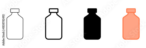Set of minimalist bottle icons with transparent background, depicting liquid containers for medicine, chemicals, beverages, and general storage, vector illustration