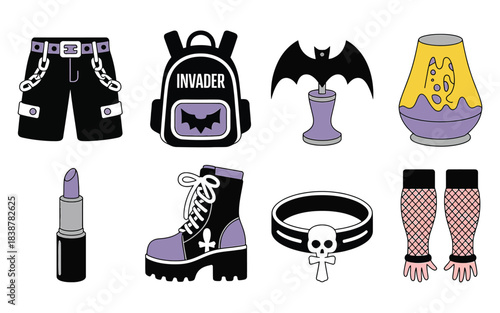 Goth and punk fashion items and accessories on a white background Keywords: goth, punk, fashion