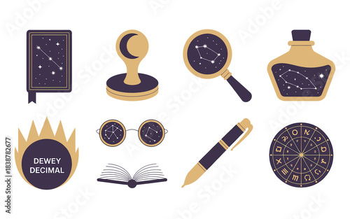 Mystical celestial and library themed icons on a white background Keywords: mystical, celestial