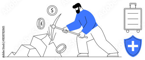 Wealth creation, investment strategies, financial security, cryptocurrency mining, economic growth, and fintech. A man mining coins with a pickaxe by a shield and briefcase. Wealth creation