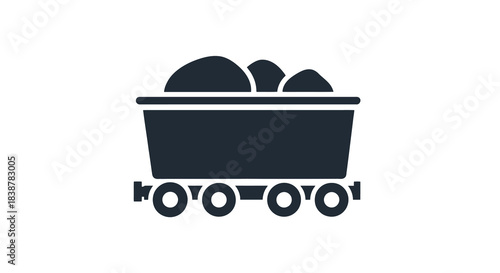 A dark silhouette of a mining cart filled with coal on a white background