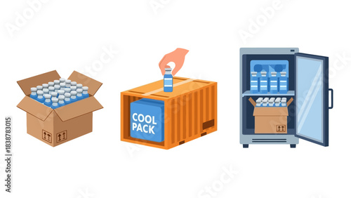 Shipping and storage of bottled beverages with cooling packs and a refrigerator