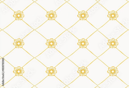 Modern minimalist geometric seamless pattern with gold line art floral accents on white background, decor, floral