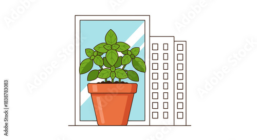 Potted Basil Plant on a Windowsill with Urban Skyline View, Illustrating Indoor Herb Gardening in a City Apartment