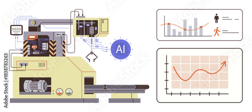 Industrial machine with AI integration, control panels, and performance charts. Ideal for automation, artificial intelligence, manufacturing, data analysis, productivity, innovation simple flat