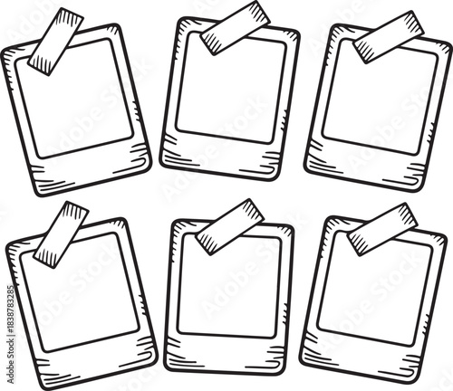 Six doodle style empty photo frames with sticky tape for memories and instant pictures