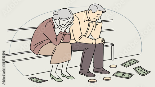 Simple illustration of elderly people. Financial hardship. Living expenses. Sense of money.