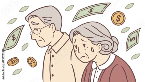 Simple illustration of elderly people. Financial hardship. Living expenses. Sense of money.