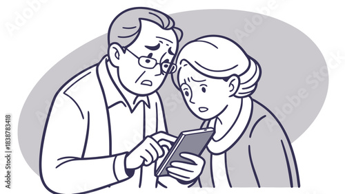 Simple illustration of elderly people struggling with electronic devices. Vintage. Old man. Old woman. Smartphone. Nuisance calls. Spam. Apps. Stocks. Gambling.